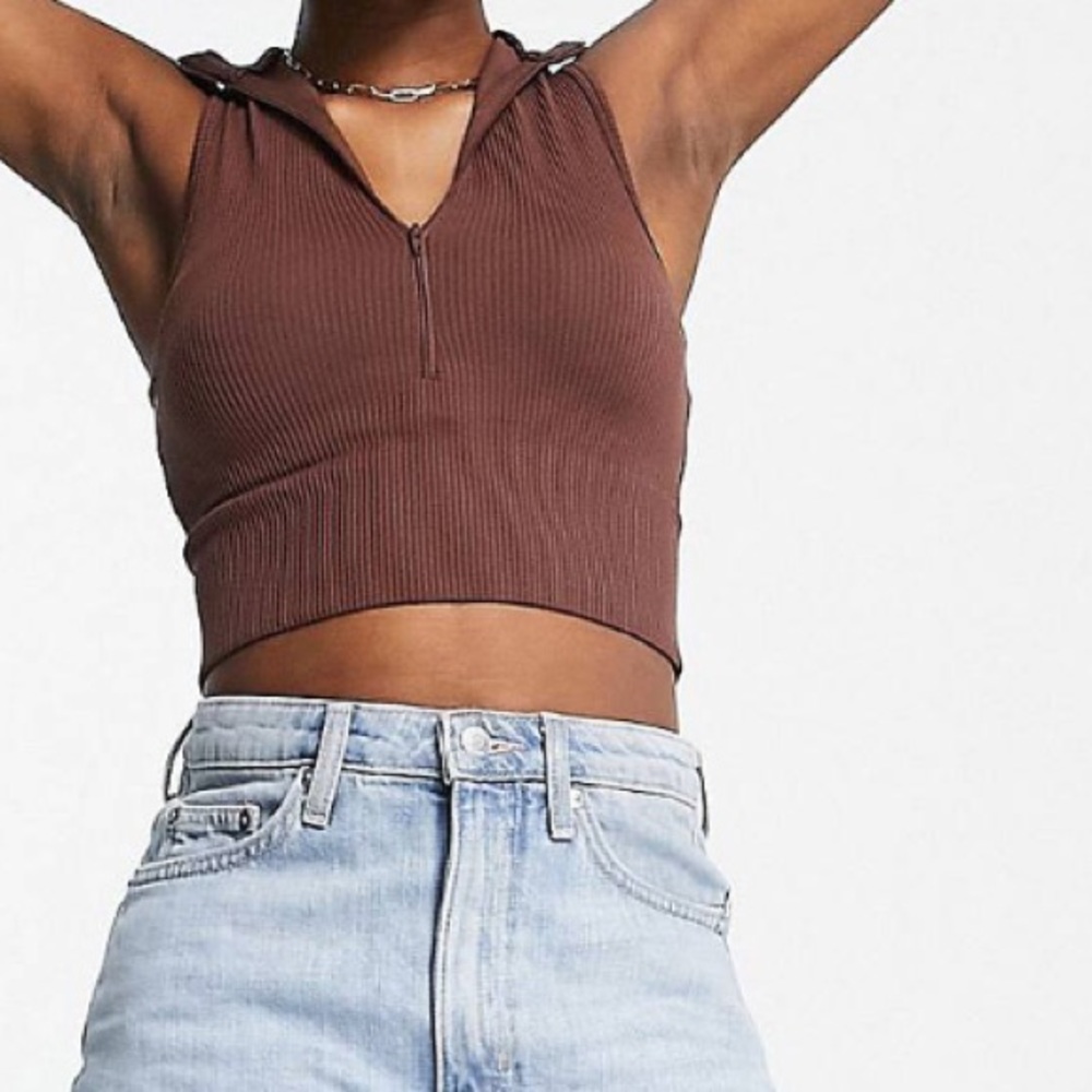 ASOS Brown Ribbed Zip-Up Tank Top - Picture 2 of 4